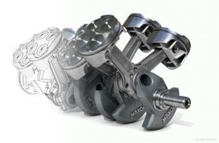 A 3D rendering showing a transition from a wireframe engine block to a detailed crankshaft and pistons.