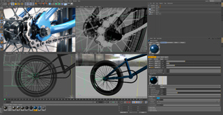 A 3D modeling software interface displaying various views of a blue bicycle frame and wheel assembly.