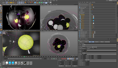Interface of 3D modeling software showing various viewports with dark, glowing abstract spheres and geometric forms.