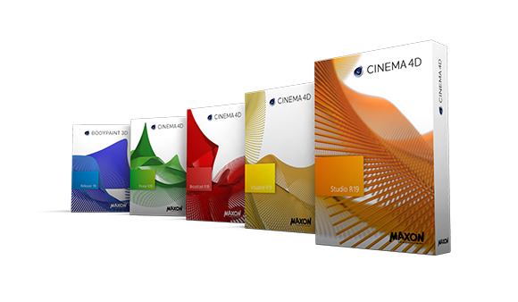 Five Maxon software boxes, including Cinema 4D versions, arranged in a diagonal row from smallest to largest.