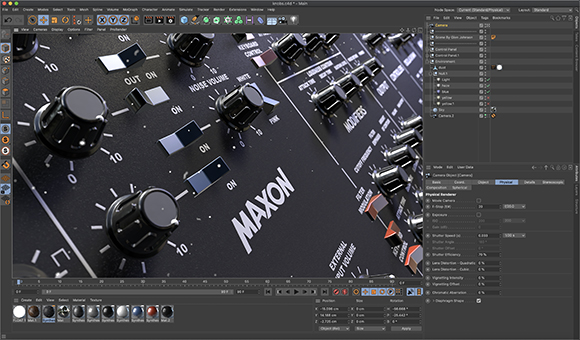 A 3D software interface featuring a dark control panel with knobs, sliders, and the word MAXON.