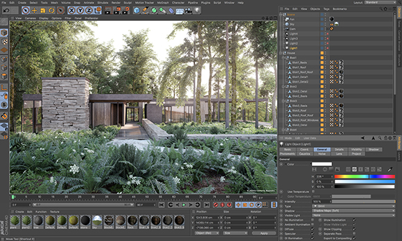 Software interface showing a 3D render of a modern wooden building nestled in a lush forest.