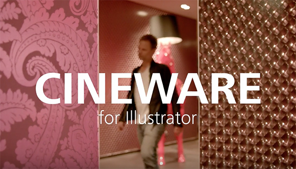 Text reading CINEWARE for Illustrator over three vertical panels of pink patterns and a man walking.