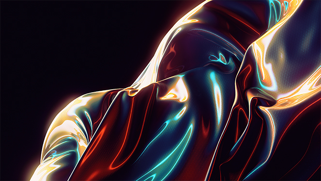 Iridescent, flowing liquid metal with glowing orange and blue highlights against a black background.