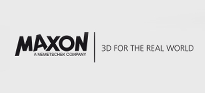 Maxon logo with the text 'A Nemetschek Company' and the slogan '3D for the real world'.