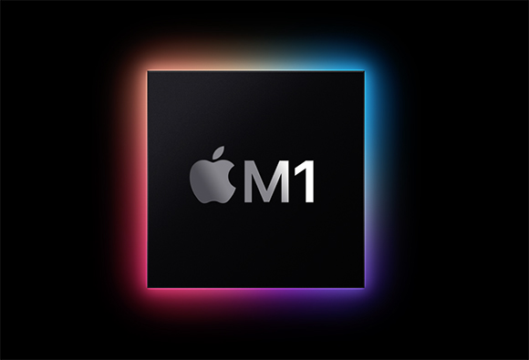 A dark square with a glowing Apple logo and the text M1 against a black background.