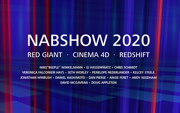 Graphic for NABSHOW 2020 featuring Red Giant, Cinema 4D, and Redshift over a blue and red striped background.