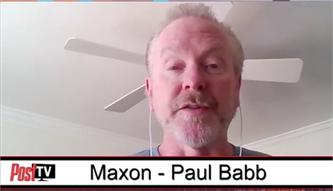 Paul Babb from Maxon speaking during a video call against a white ceiling with a fan.