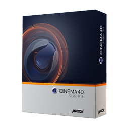 A software box for Cinema 4D Studio R13 featuring an abstract orange and blue circular graphic.