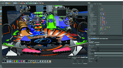 A 3D modeling software interface showing a colorful, complex digital playground structure.