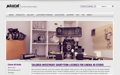 Maxon website interface with a banner showing various studio cameras and lighting equipment.