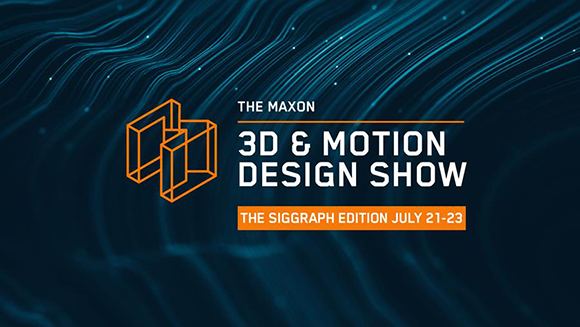 Blue wavy background with orange text and a geometric logo for The Maxon 3D & Motion Design Show.