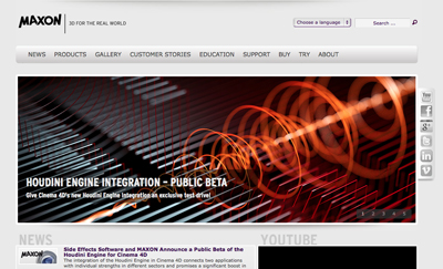 Maxon website displaying a banner for Houdini Engine integration public beta with orange light trails.