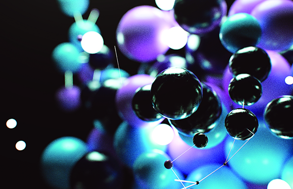Abstract 3D render of glowing blue, purple, and black spheres floating in a dark space.