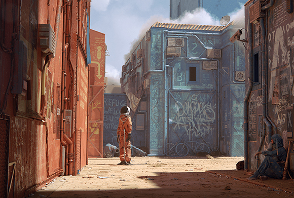 An astronaut in an orange suit stands in a dusty alley between tall, blue and red industrial buildings.