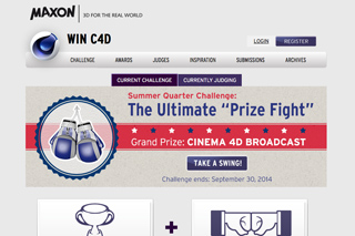 Maxon website banner announcing a prize fight challenge with a Cinema 4D Broadcast grand prize.