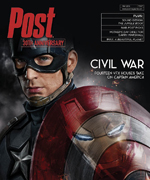 Captain America, wearing his iconic costume and mask, holds his shield in front of him. The Post magazine logo and "CIVIL WAR