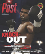 Muhammad Ali in boxing gloves, looking intensely forward, on the cover of Post magazine.