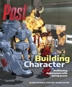 Magazine cover with "Post" logo and "Building Character" headline. Features digital characters including a robot, a bull-like