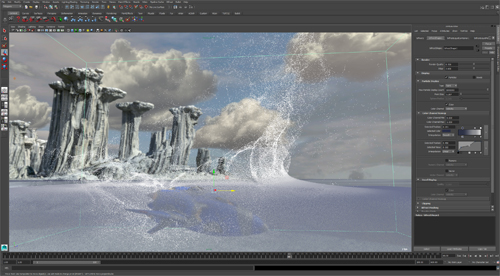 A 3D modeling software interface displaying a digital environment of rocky cliffs and splashing water.