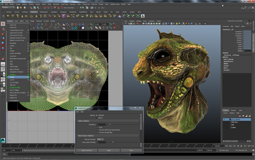 3D software interface displaying a textured reptilian creature head and its corresponding wireframe UV map.