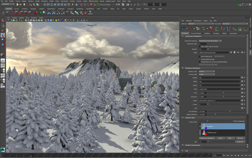 A 3D digital rendering of a snowy pine forest under a cloudy sky within a software workspace.