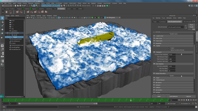 A 3D modeling software interface displaying a digital ocean with whitecaps and a yellow ship on a gray terrain.