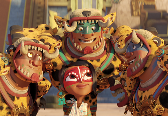Three large characters in jaguar masks and spotted costumes surround a small girl with red face paint.