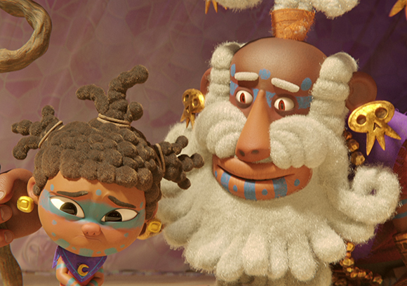 An animated young girl and an older man with white hair and blue face paint.