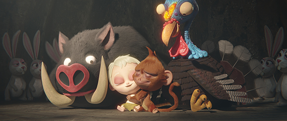 Animated characters including a large boar, a turkey, a monkey, and a small child huddled together.