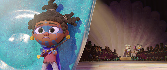 Animated character with blue face markings peeks from behind a large blue shell at a crowd of figures.