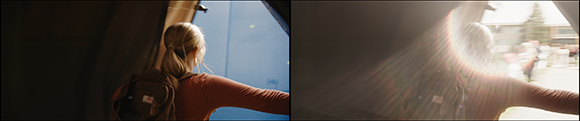 A person with blonde hair looks out of a window, seen from behind in two different lighting conditions.