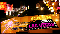 A yellow taxi with 'CASH CAB LAS VEGAS' text in a brightly lit city at night.