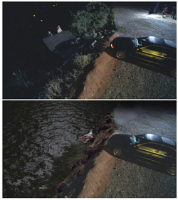Two overhead shots at night showing a dark car parked near a shoreline and a person in the water.