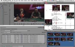 A digital interface of video editing software displaying a timeline, multiple video clips, and a preview window.