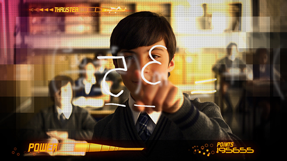 A young boy in a school uniform reaches toward a glowing digital interface overlaying a classroom.