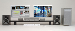 Two computer monitors displaying video editing software and city scenes, flanked by speakers and a silver tower.