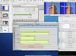A digital interface of a video editing program showing multiple timelines, media clips, and preview windows.