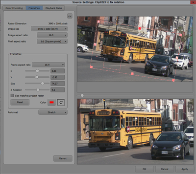 Software window displaying video frame adjustment tools and two views of a yellow school bus on a city street.