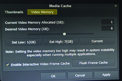 A software dialog box for Media Cache showing video memory allocation settings.