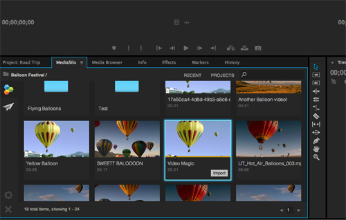 Software interface showing a grid of video thumbnails of hot air balloons.