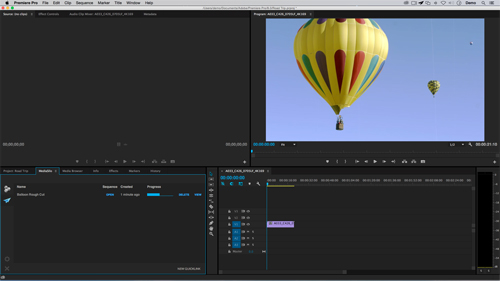 Video editing software interface displaying a colorful hot air balloon in a blue sky.