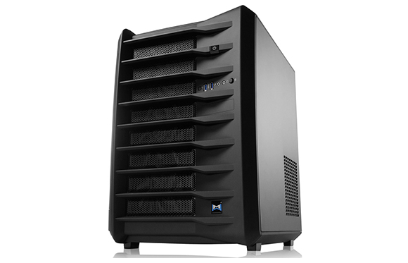 A black vertical computer tower with multiple horizontal mesh ventilation slots and front-facing ports.