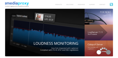 Website banner for MediaProxy showing a loudness monitoring graph and software product information.