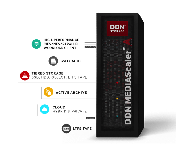 Diagram showing DDN MEDIAScaler storage layers from high-performance clients to LTFS tape.