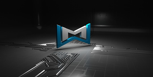 A 3D silver and blue letter M logo floating above a dark, metallic circuit board pattern.