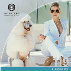 A woman in a white pinstripe suit and sunglasses sits beside a large white poodle on stone steps.