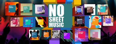 Colorful square tiles representing various music genres arranged around a central text sign over a silhouetted crowd.