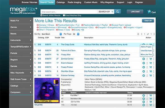 Megatrax website interface showing search results for music tracks with various filters and metadata.