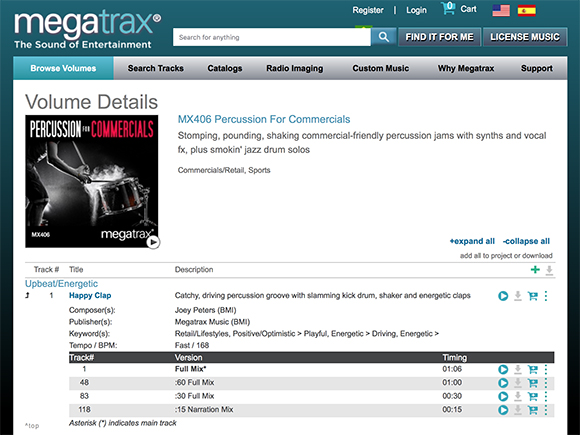 Megatrax website displaying details for the MX406 Percussion For Commercials music volume.